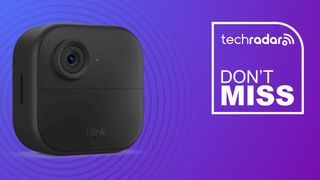 A Blink Outdoor 4 security camera on a purple background