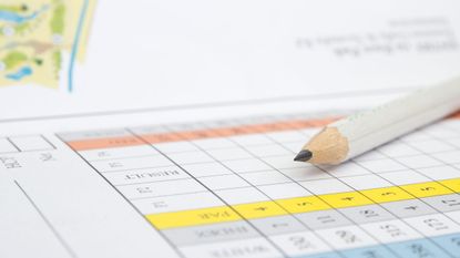 Close up of a golf scorecard and pencil and stroke index