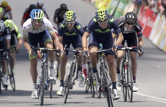Juan Jose Lobato (Movistar) and Daryl Impey (Orica-GreenEdge) sprint for victory