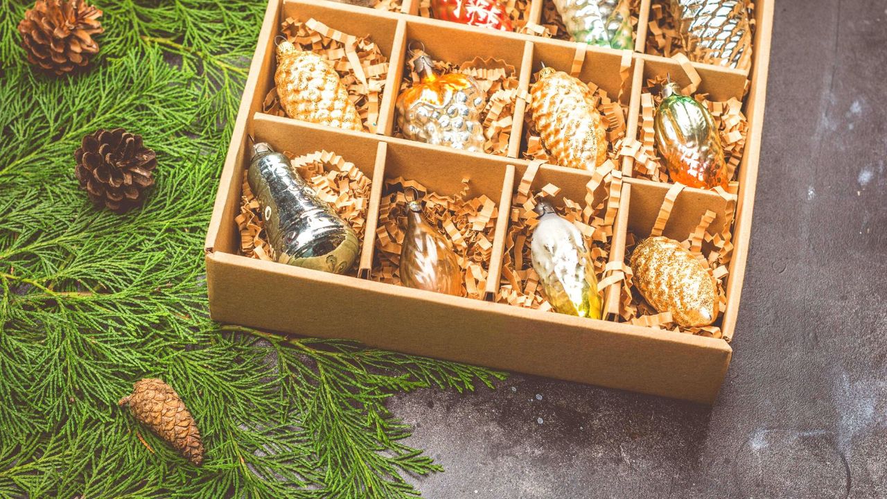 Christmas decorations in an ornament box 