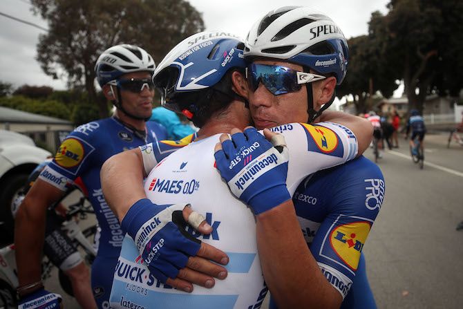 Fabio Jakobsen is congratulated by Deceuninck-QuickStep teammate and Argentinean road race champion Max Richeze after winning stage 4 of the 2019 Tour of California