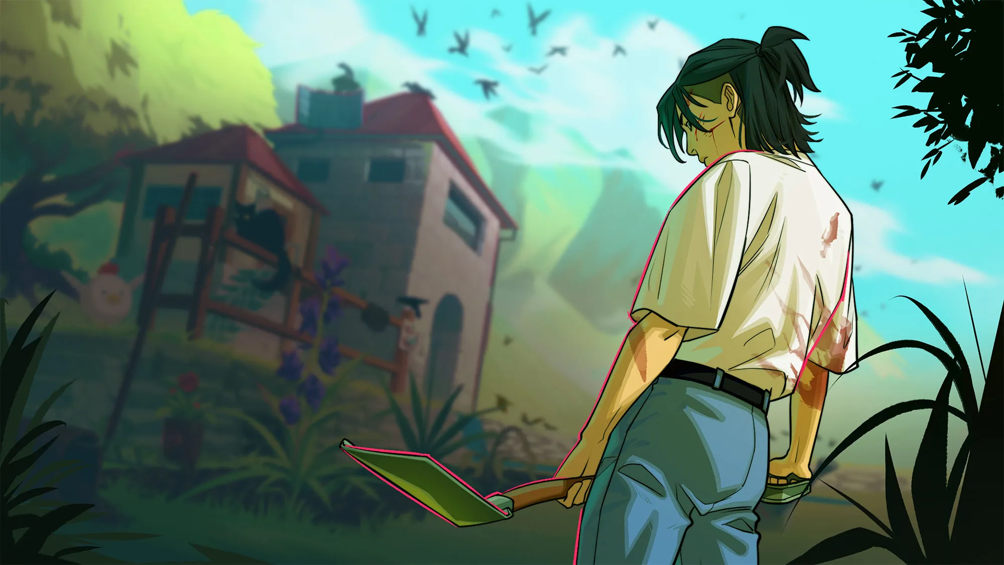 Grave Seasons - a farmer with blood on their shirt holds a shovel in a run down town