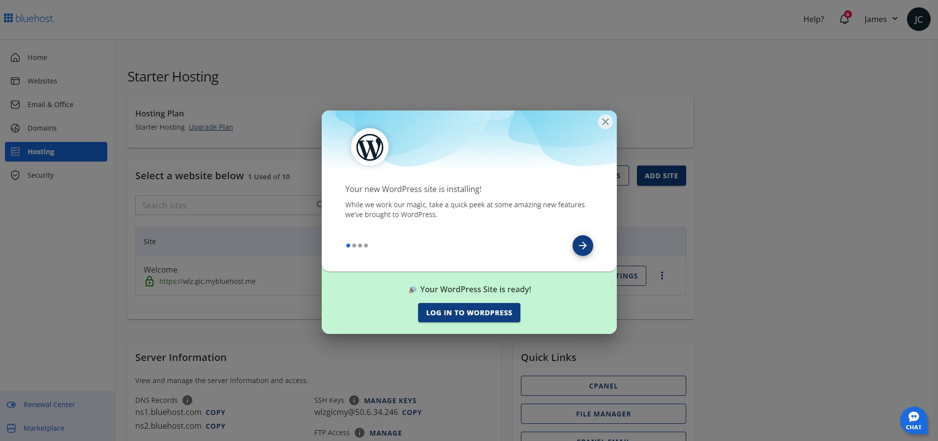 The control panel for Bluehost