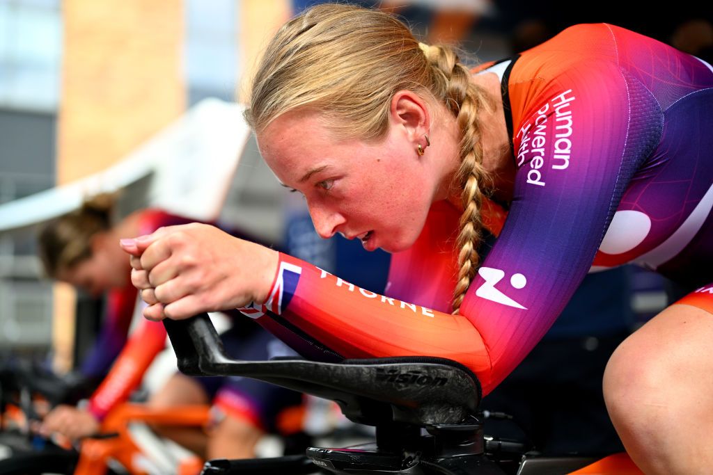 HERNING DENMARK AUGUST 26 Alice Barnes of Great Britain and Team Human Powered Health warming up prior to the 9th Tour of Scandinavia 2023 Battle Of The North Stage 4 a 165km individual time trial stage from Herning to Herning UCIWWT on August 26 2023 in Herning Denmark Photo by Luc ClaessenGetty Images