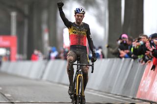 Wout van Aert of Jumbo-Visma wins his second consecutive World Cup cyclo-cross race at the Dendermonde 