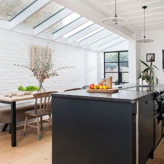 Kitchen side return extension with white painted brick walls and glazed roof