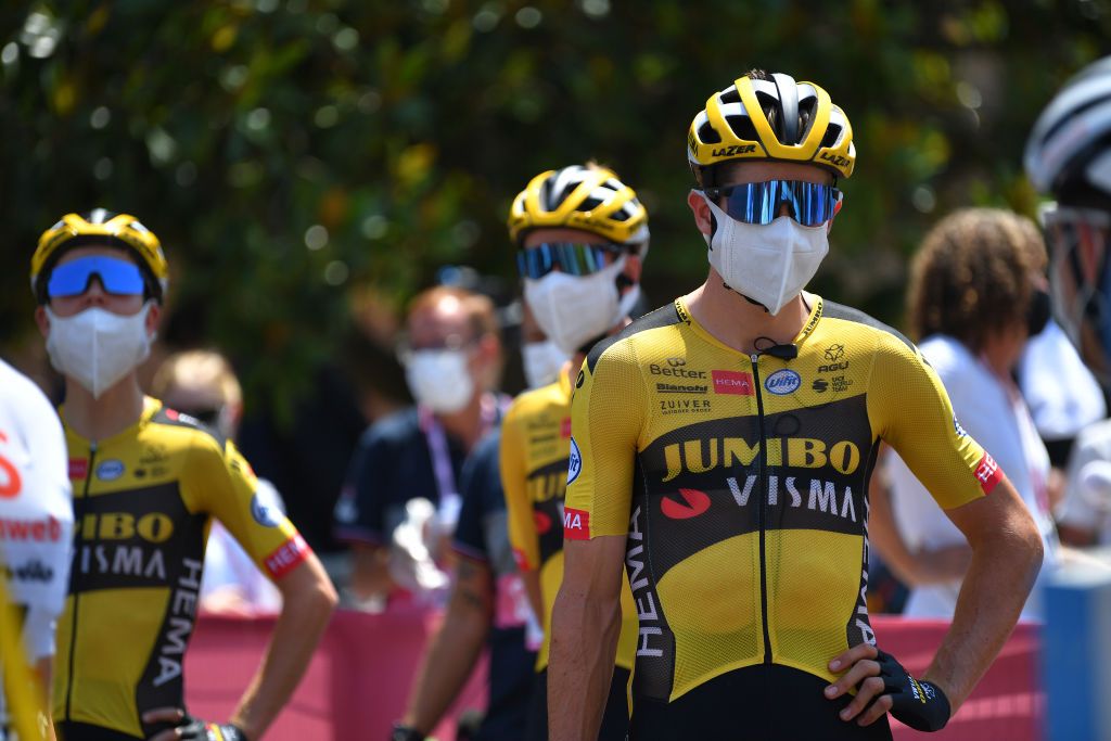 SIENA ITALY AUGUST 01 Start Wout van Aert of Belgium and Team JumboVisma during the Eroica 14th Strade Bianche 2020 Men a 184km race from Siena to SienaPiazza del Campo StradeBianche on August 01 2020 in Siena Italy Photo by Tim de WaeleGetty Images