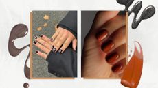 On the left is a picture of two hands with short black nails by nail artist Julia Diogo/@paintedbyjools and on the right, is a close-up of a hand with chestnut brown/orange nails by nail artist Mateja Novakovic/ @matejanova/ both featured in a white and grey template with brown, glittery black and orange nail polish spills
