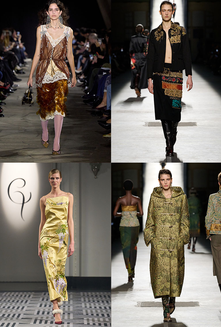 Women in opulent outfits on the FW26 runways