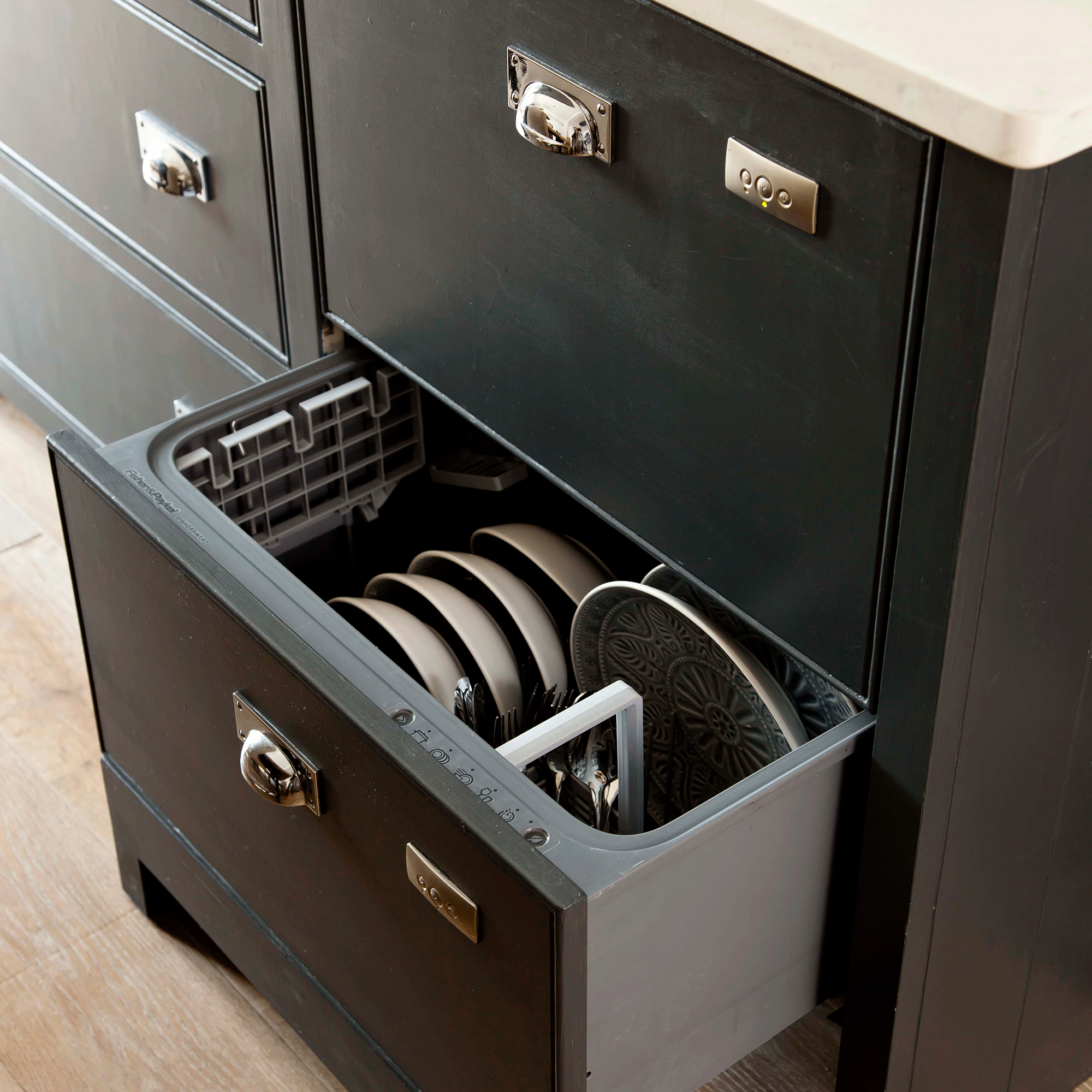Blue cabinets with dishwasher in kitchen
