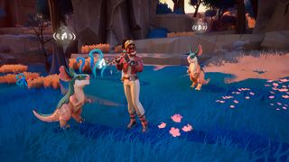 Creatures of Ava - a human player plays a flute while two small alien creatures listen in a grassy woods