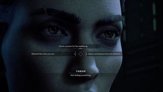 A screenshot from the Bloodlines 2 gameplay reveal, showing Phyre's available responses during a dialogue sequence.