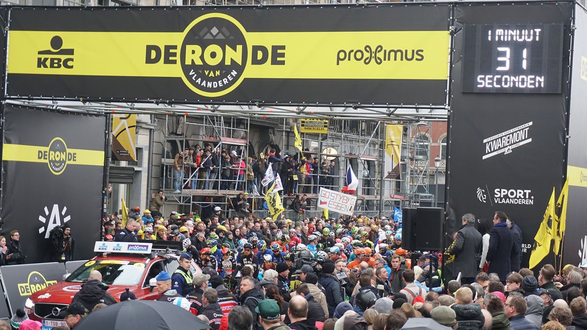 The riders lined up ahead of the 2018 Tour of Flanders