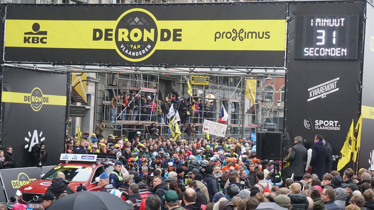 The riders lined up ahead of the 2018 Tour of Flanders