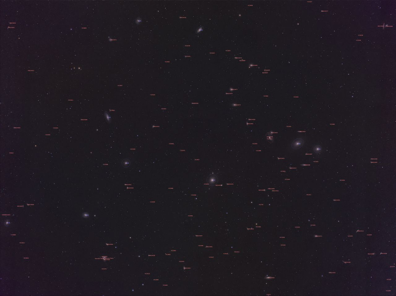 An annotated image of Markarian's Chain shot with the ZWO Seestar S30 Pro smart telescope and processed using Siril and Pixinsight