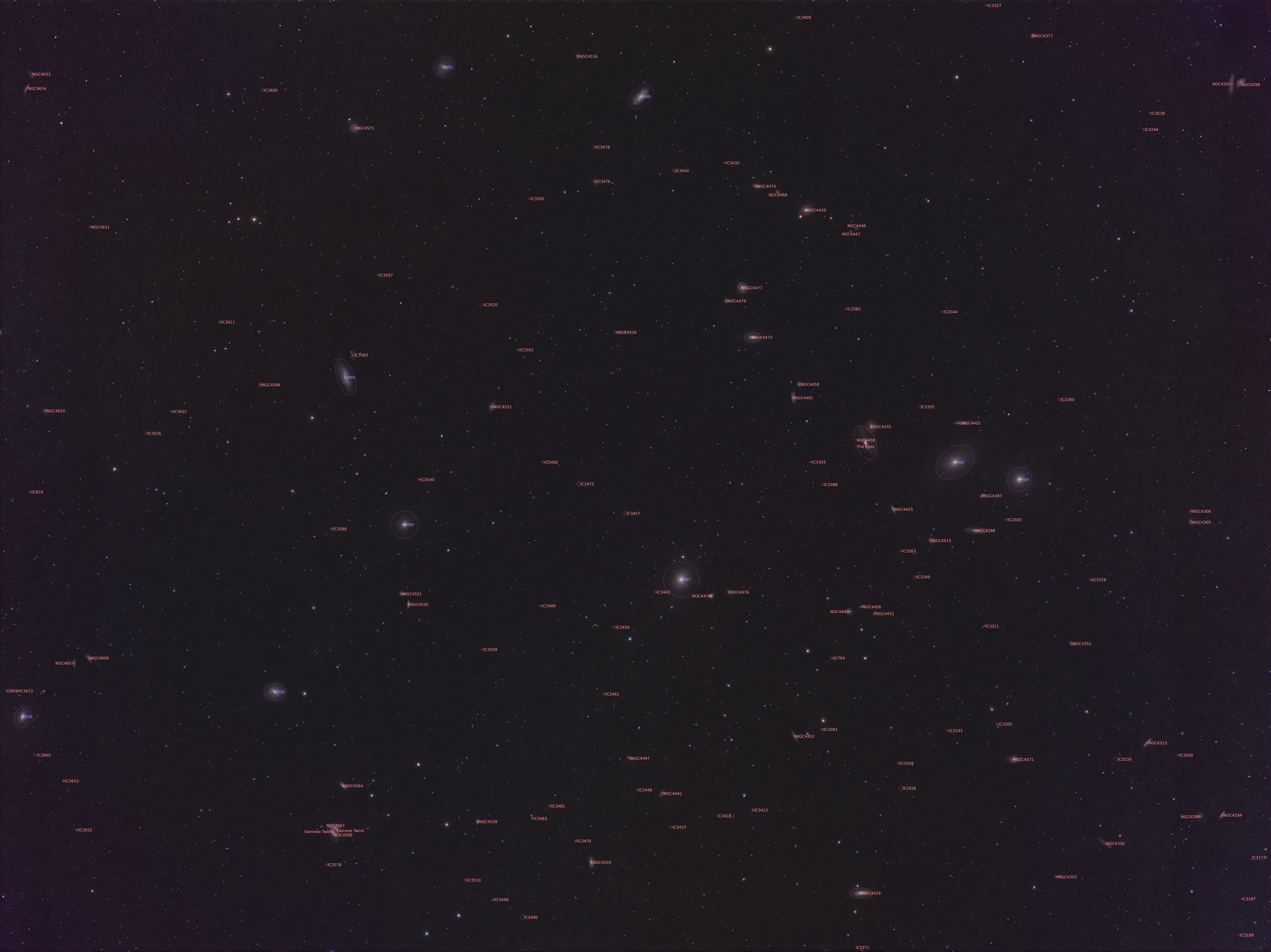 An annotated image of Markarian's Chain shot with the ZWO Seestar S30 Pro smart telescope and processed using Siril and Pixinsight