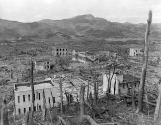 The ruins of Nagasaki, Japan after the Aug. 9, 1945 atomic bombing. This picture was taken from a hillside opposite the Nagasaki Hospital in October 1945.