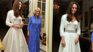 (L-R) Kate Middleton and Queen Camilla, Kate Middleton at her evening wedding reception