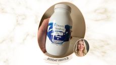 A blue and white jar of Dreem Distillery bath salts held in the palm of a hand, next to an image of the bath salts, spilled out into a jar lid, showing their golden colour and texture