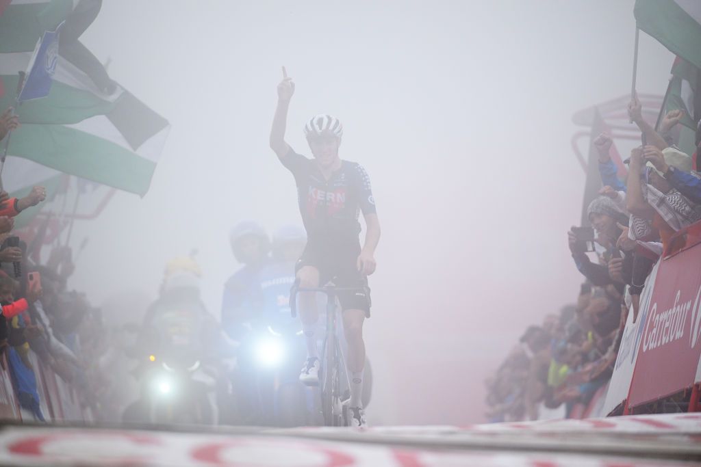 PAJARES SPAIN SEPTEMBER 01 Pablo Castrillo of Spain and Team Equipo Kern Pharma celebrates at finish line as stage winner during the La Vuelta 79th Tour of Spain 2024 Day 15 a 143km stage from Infiesto to ValgrandePajares Cuitu Negru 1835m UCIWT on September 01 2024 in Pajares Spain Photo by Tim de WaeleGetty Images