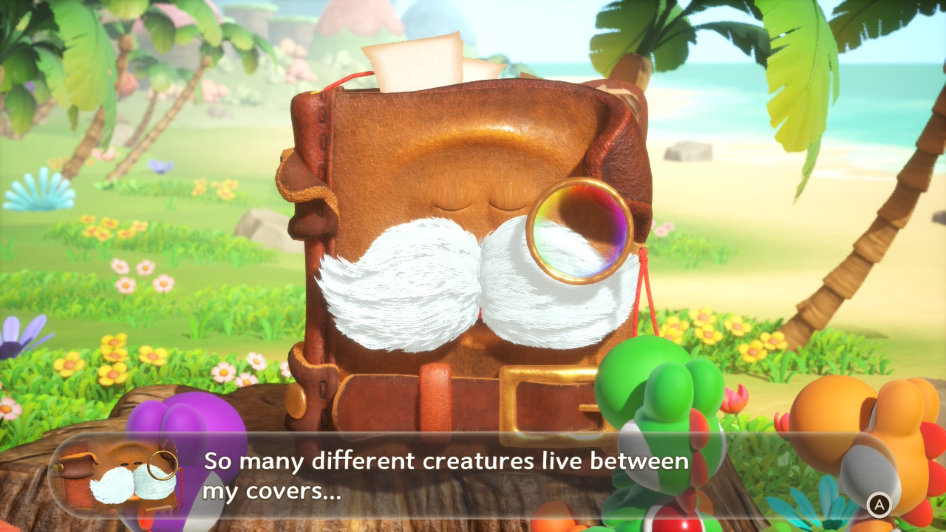 In Yoshi and the Mysterious Book, Yoshis gather around Mr E, who says "so many different creatures live between my covers"