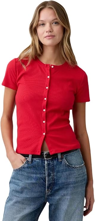 GAP, Gap Womens Short Sleeve Ribbed Cardigan Pure Red V2 S