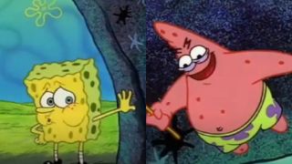 SpongeBob leaning against a cave wall and Patrick staring evilly down at SpongeBob in SpongeBob SquarePants.