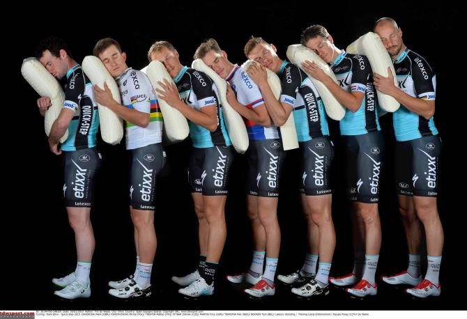 Etixx-QuickStep's leaders line up for the traditional pillow shot.
