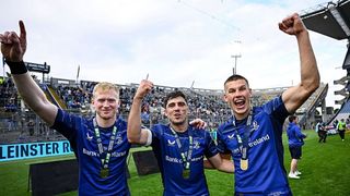 Leinster Rugby players Jamie Osborne, Jimmy O'Brien and Sam Prendergast celebrate beating the Bulls in the final of the 2024/25 United Rugby Championship