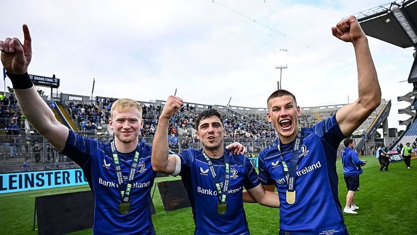 Leinster Rugby players Jamie Osborne, Jimmy O&#039;Brien and Sam Prendergast celebrate beating the Bulls in the final of the 2024/25 United Rugby Championship