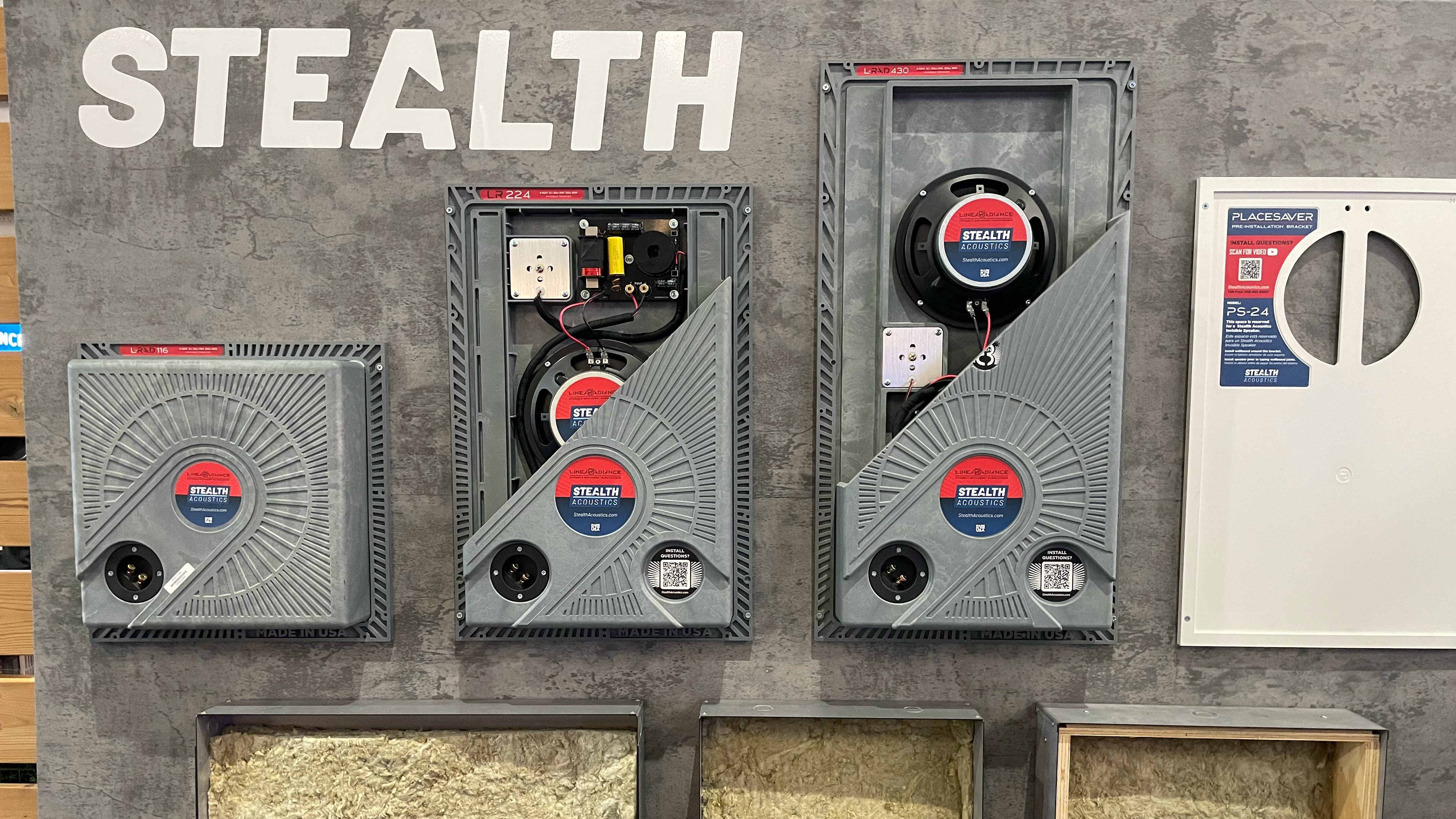 Stealth Acoustics L-RAD range of invisible speakers, showing the rear of the speaker unit in a cutaway so the drive unit is visible