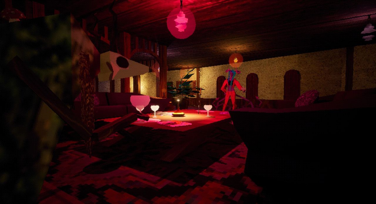 View of cofee table with potted plant, chairs, succubus monster, and shambling mound character with low couches to either side.