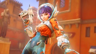 Overwatch screenshot of new support hero Juno on a bright background