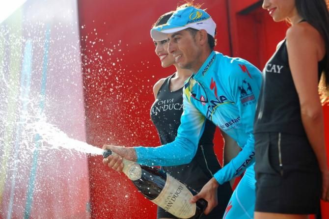 Fabio Aru (Astana) sprays the winners Cava