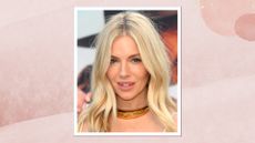 Sienna Miller is pictured with a rose-pink lipstick at the US Premiere Of "Horizon: An American Saga - Chapter 1" at Regency Village Theatre on June 24, 2024 in Los Angeles, California/ in a pink watercolour paint-style template