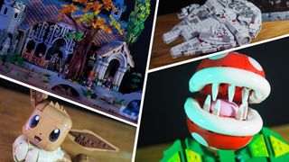 Lego Rivendell, Millennium Falcon, Eevee, and Piranha Plant divided by white lines