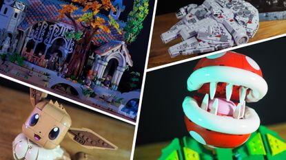 Lego Rivendell, Millennium Falcon, Eevee, and Piranha Plant divided by white lines