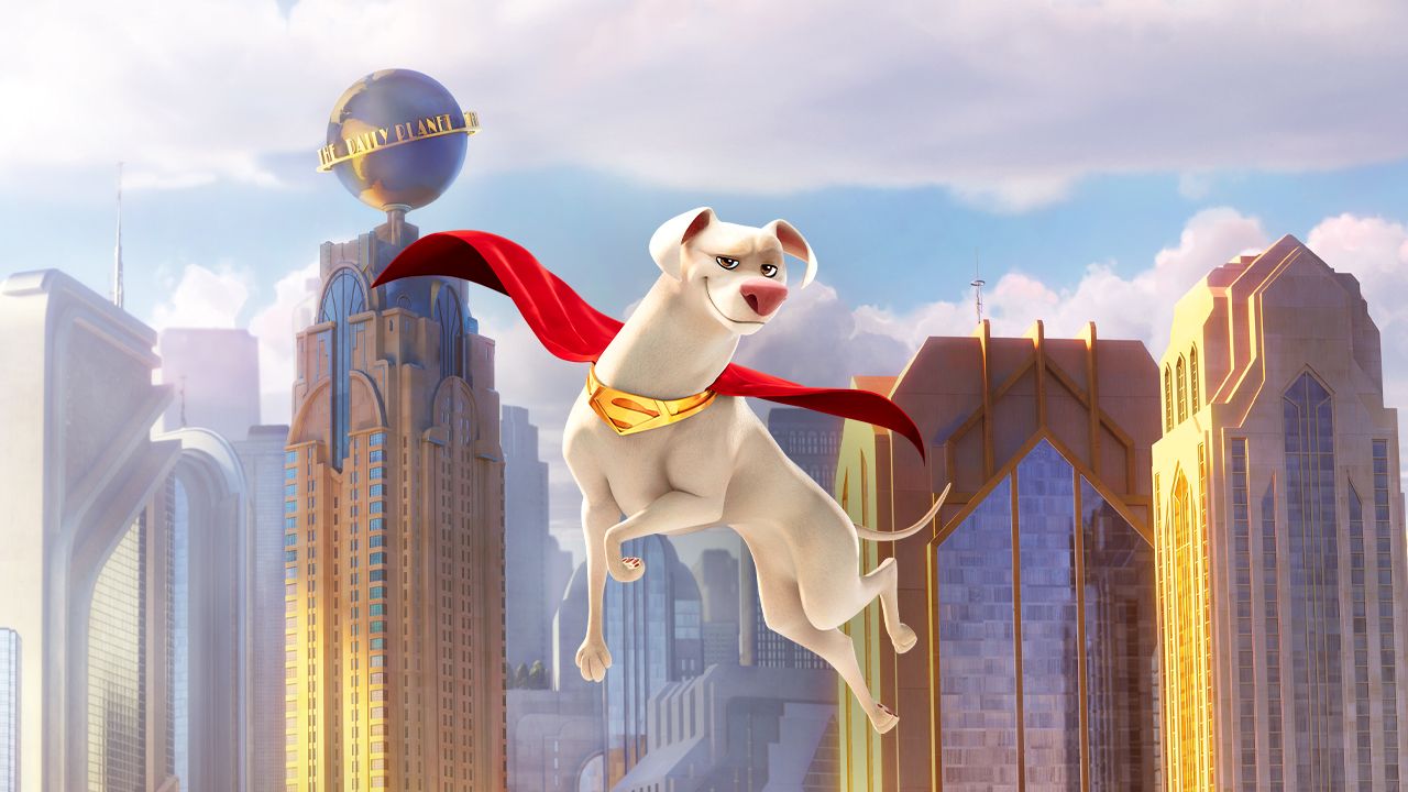 Krypto the Superdog smirks as he hovers in the air in DC League of Super-Pets