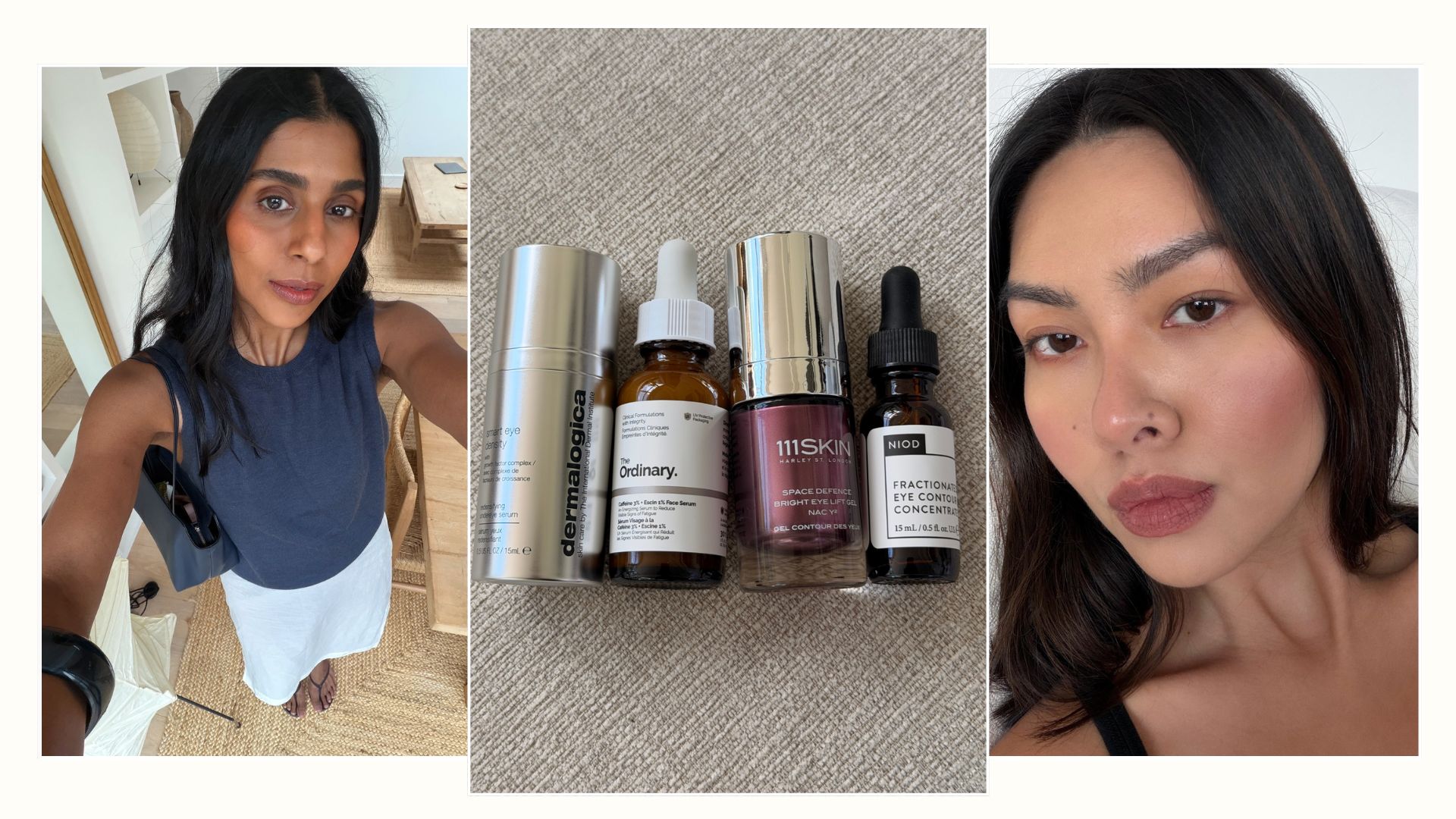 A collage of the best eye serums, alongside two creators taking selfies with glowing skin
