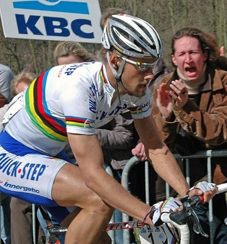 Tom Boonen (Quick.Step) gets a little gentle encouragement on the Koppenberg