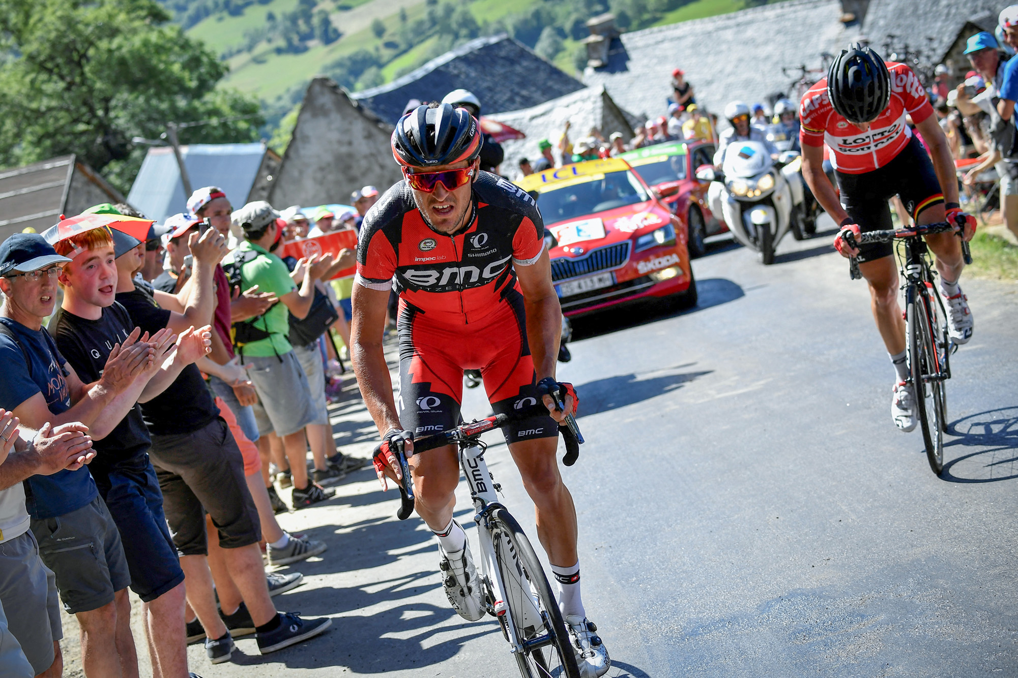 Belgium's Greg Van Avermaet (L) climbs ahead of Belgium's Thomas De Gendt during the 216 km fifth stage of the 103rd edition of the Tour de France cycling race on July 6, 2016 between Limoges and Le Lioran. (Photo by jeff pachoud / AFP) (Photo by JEFF PACHOUD/AFP via Getty Images)