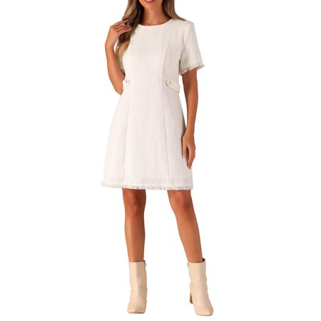Inspire Chic Outfit Women's Tweed Dress Round Neck Short Sleeves Work Elegant Knee Length Dresses S White
