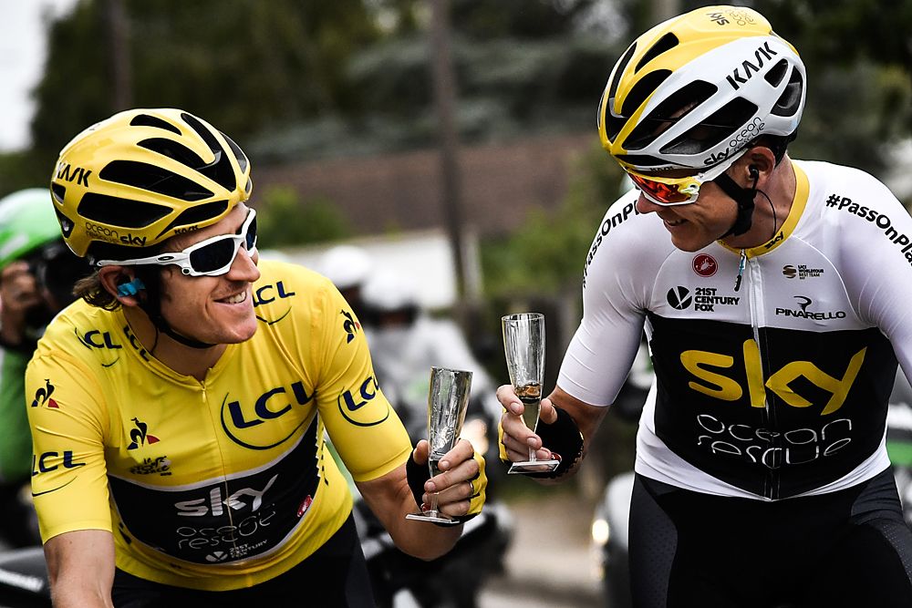 Geraint Thomas (Team Sky) and teammate Chris Froome during the 21st stage at the Tour de France