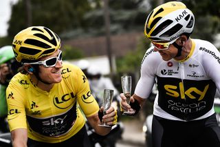 Geraint Thomas (Team Sky) and teammate Chris Froome during the 21st stage at the Tour de France