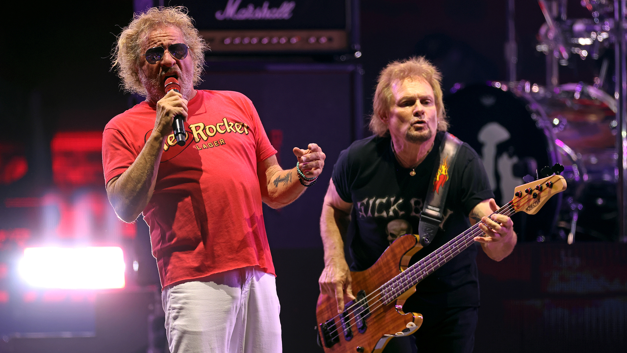 Sammy Hagar (L) and Michael Anthony perform during the The Best of All Worlds Tour at Hartford HealthCare Amphitheater on July 24, 2024 in Bridgeport, Connecticut.