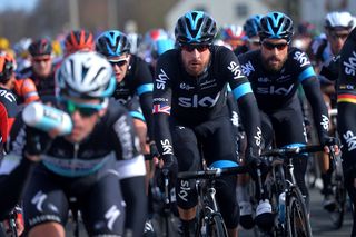 Bradley Wiggins is surrounded by his Team Sky teammates at the 2015 Omloop Het Nieuwsblad