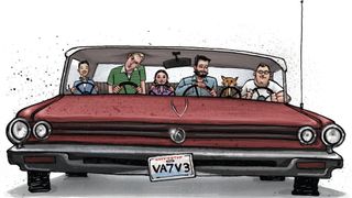 Valve's staff depicted as five people and a cat all driving the same car