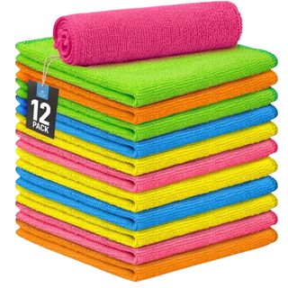 stack of 12 fiber cloths in pink green orange and blue