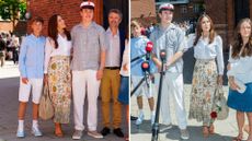 Composite of images of Queen Mary of Denmark wearing a white shirt and maxi skirt with sandals, surrounded by her family, as she attends Crown Prince Christian’s graduation 