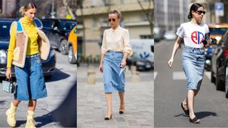 A composite of street style influencers showing how to style a knee length denim skirt